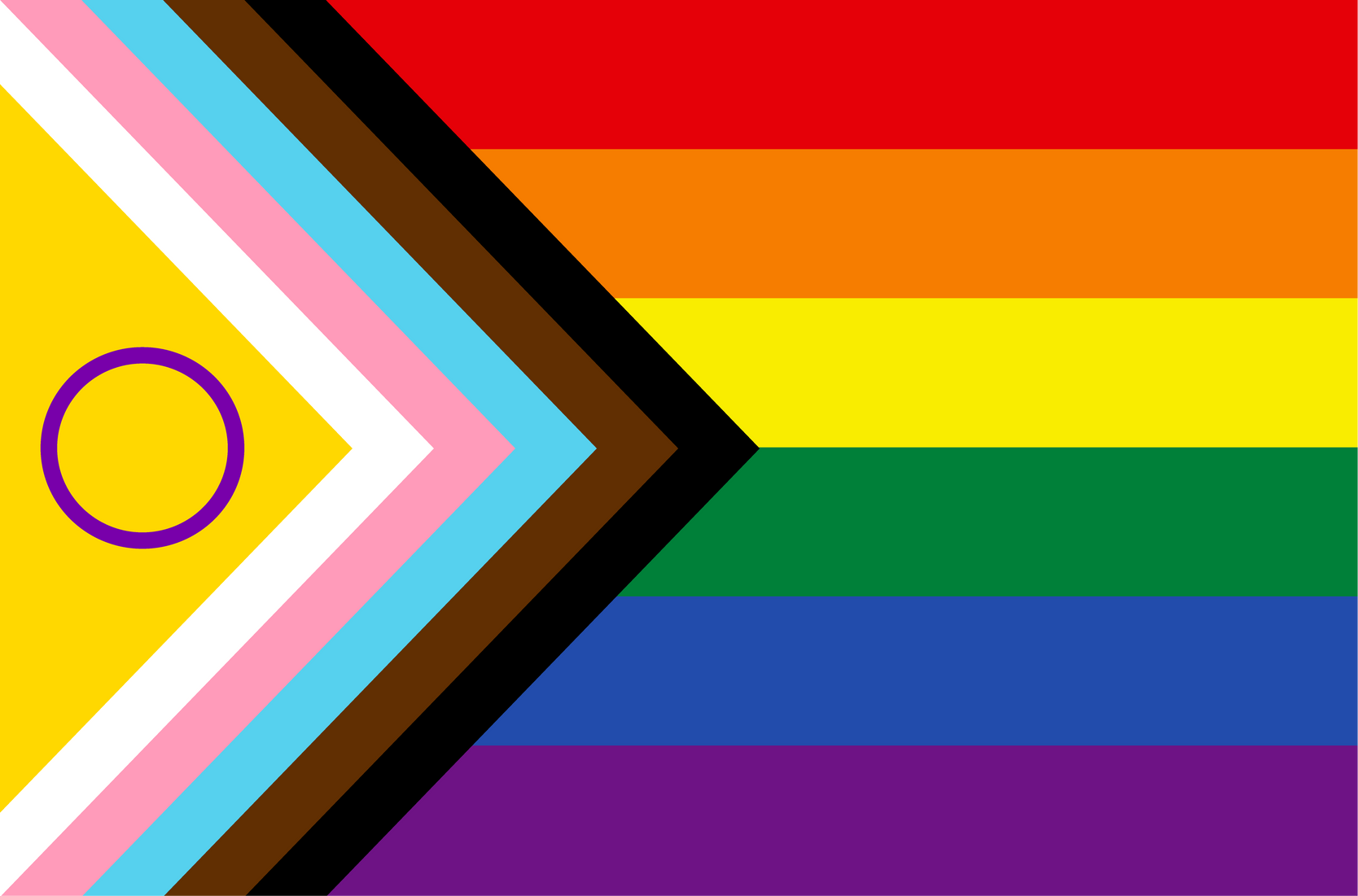 the Progress Pride Flag; a rainbow with a chevron colored black, brown, blue, pink, white, and yellow with a purple ring 