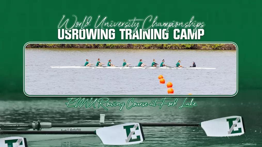 a group of rowers on the water with the words "usrowing training camp"