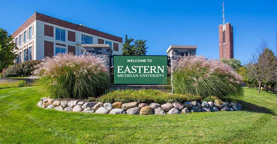 A photo of eastern michigan university welcome entrance screen