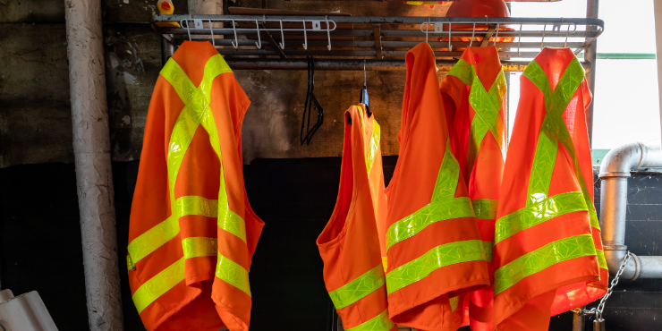 several orange safety vests hanging on a rack