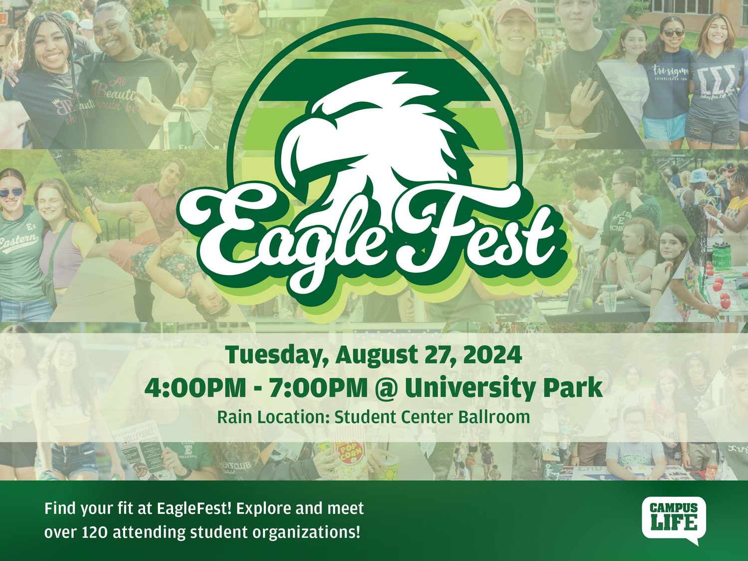 A flyer for eaglefest on tuesday, 8/27 from 4-7pm at the university park