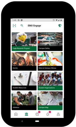A picture of a phone with the EagleApp homepage 