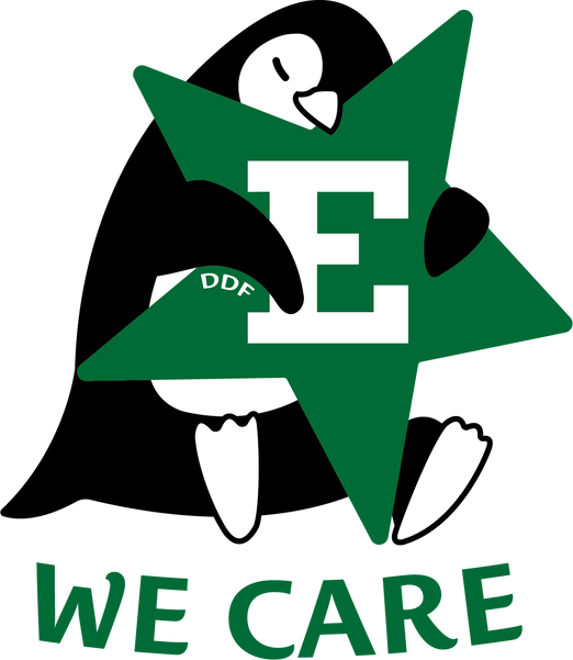 a black and white cartoon penguin hugging a green and white star with the words "we care" on it