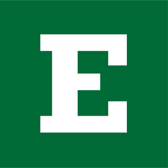 a green and white logo with the letter e