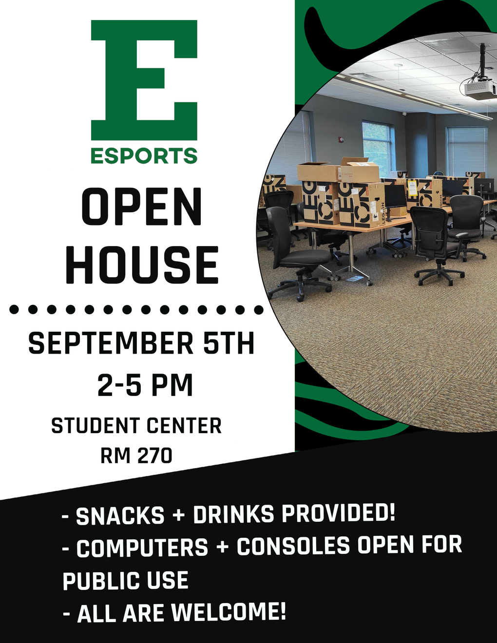 A flyer for the EMU Esports open house on Sept 5 from 2-5pm in the student center room 270