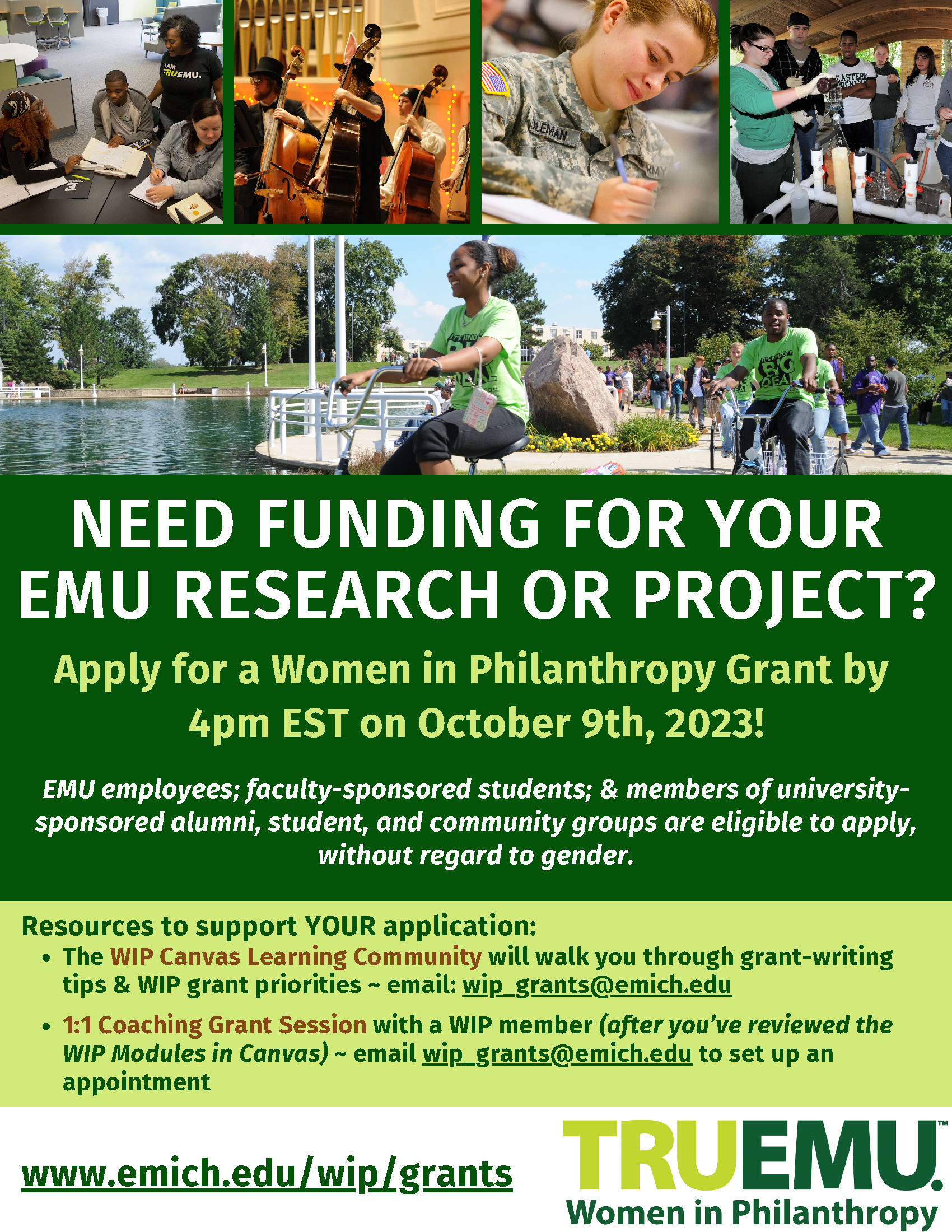 Green and white flyer advertising funding application for EMU research/project. Apply for a Women in Philanthropy Grand by Oct 9 4pm. Email wip_grants@emich.edu for more information. 