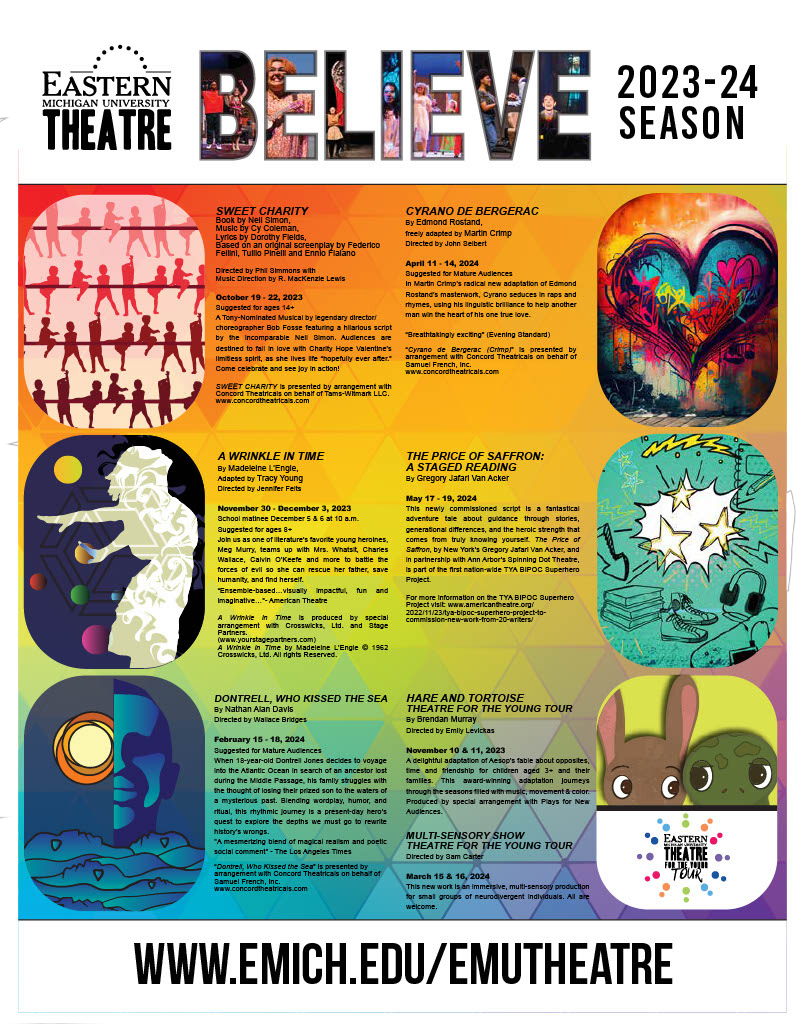 Rainbow colored flyer for EMU Theatre 23-24 Season show lineup. Find more information at emich.edu/emutheatre