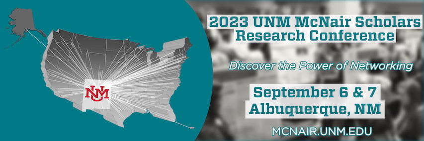 Blue, gray, and red logo for 2023 UNM McNair Scholars Research Conference